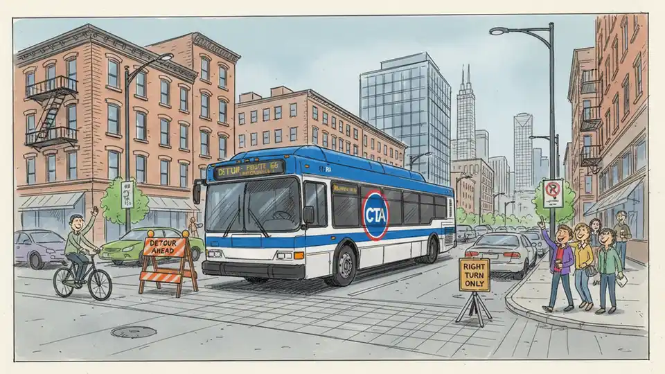 CTA bus navigating detour route on Chicago street