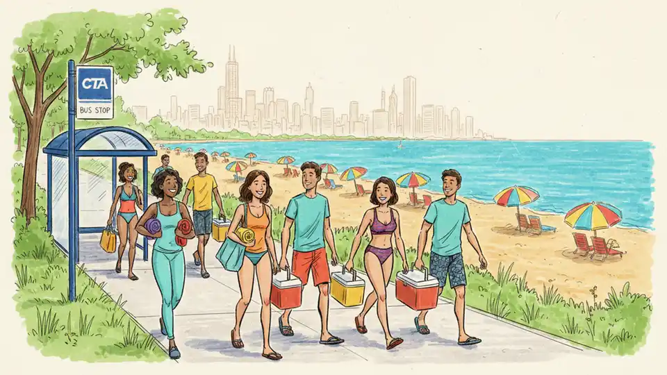 Chicago beachgoers walking from CTA bus stop toward Lake Michigan beach, beach umbrellas and sand visible, summer recreation scene