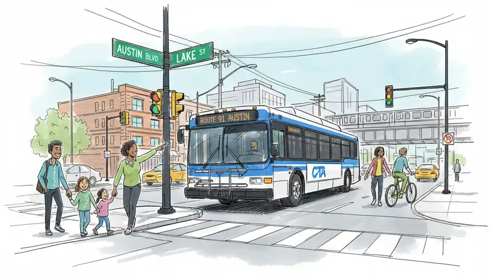 CTA bus making turn at Chicago intersection with street signs showing Austin and Lake avenues