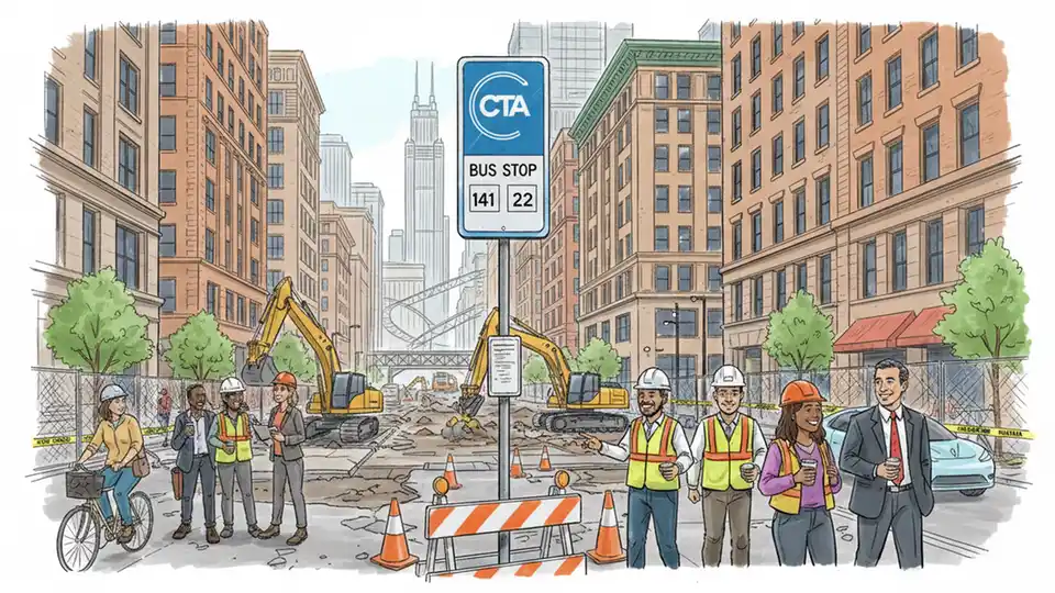 Street construction barriers and equipment on Chicago city street with CTA bus stop sign in foreground