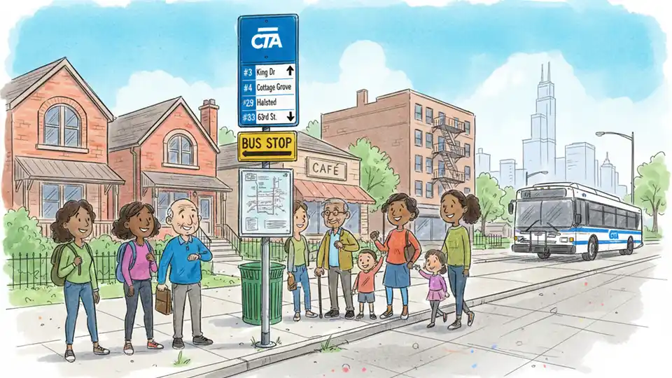Chicago Transit Authority bus stop sign on South Side street with route information