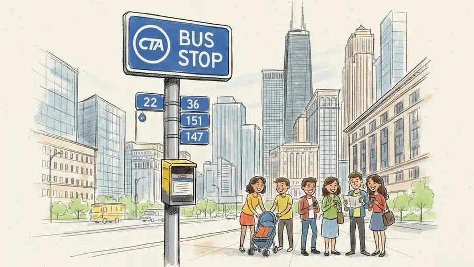 Chicago Transit Authority bus stop sign showing route information with downtown buildings in background