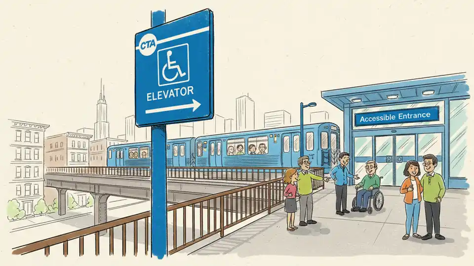 CTA elevator access sign and accessible entrance at Chicago rail station
