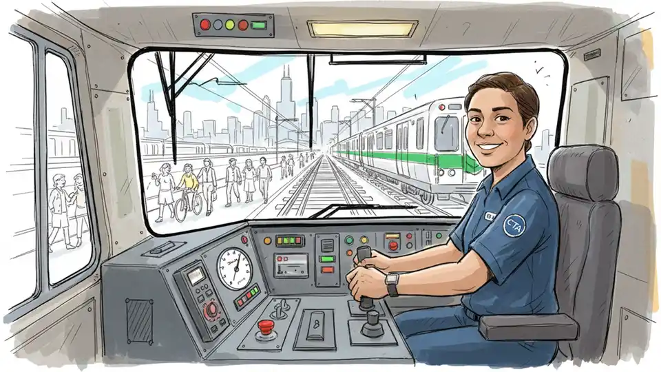 CTA train operator in cab of Green Line train with control panel visible