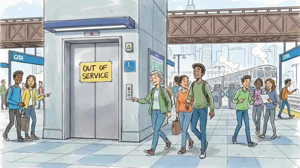 CTA rail station elevator with out of service sign and accessibility symbol