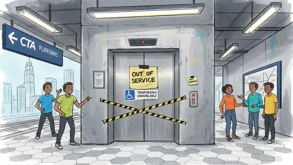 CTA rail station elevator with out of service sign and accessibility warning posted