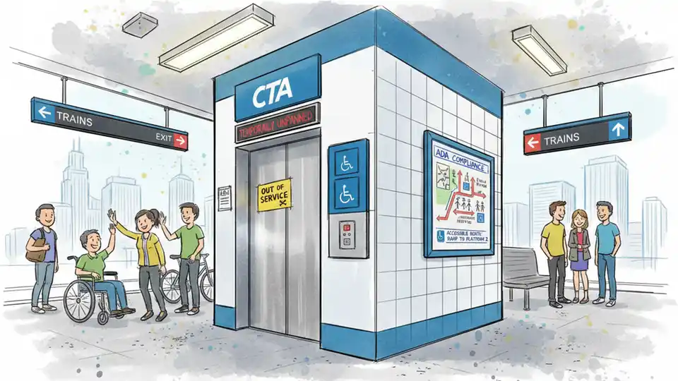 CTA rail station elevator with out of service sign and accessibility information posted
