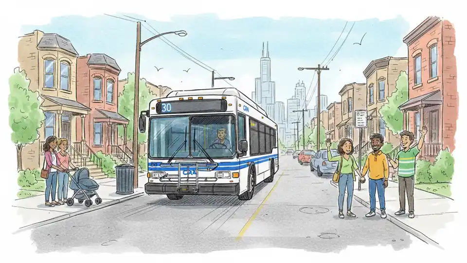 CTA Route 30 bus operating on South Side street with residential buildings visible in background