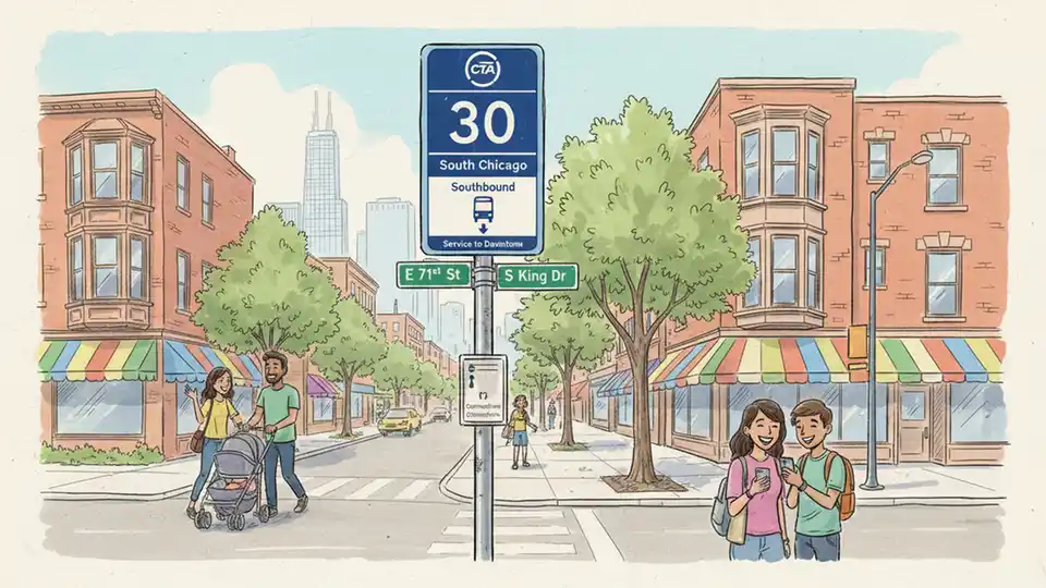 CTA bus stop sign for Route 30 South Chicago with street intersection in South Side neighborhood