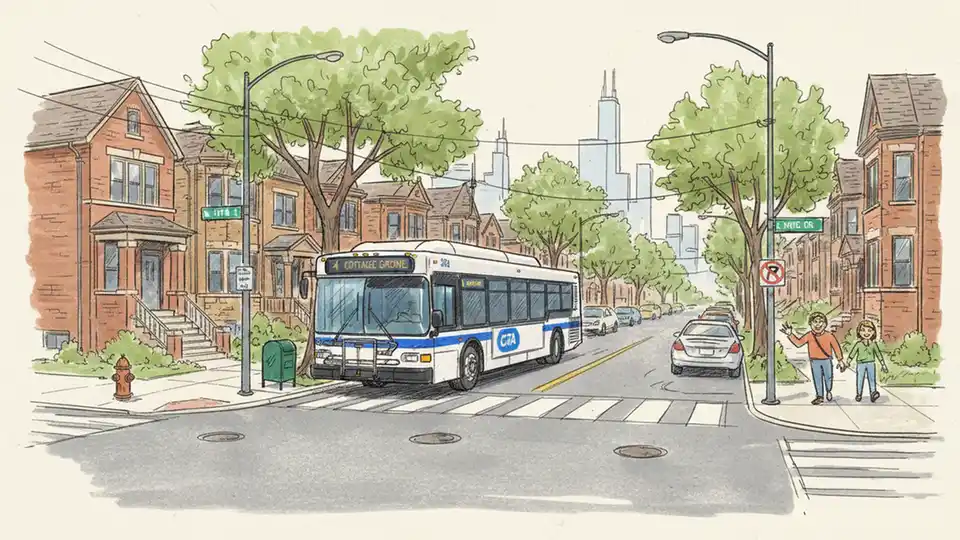 CTA bus navigating residential Chicago street intersection with street signs visible, showing typical South Side neighborhood architecture and parked cars along curb