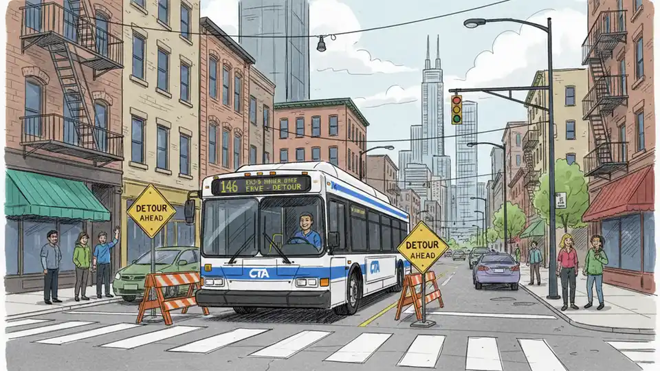 Chicago Transit Authority bus navigating detour route on city street