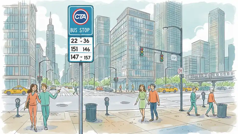CTA bus stop sign showing route numbers with downtown Chicago street intersection in background