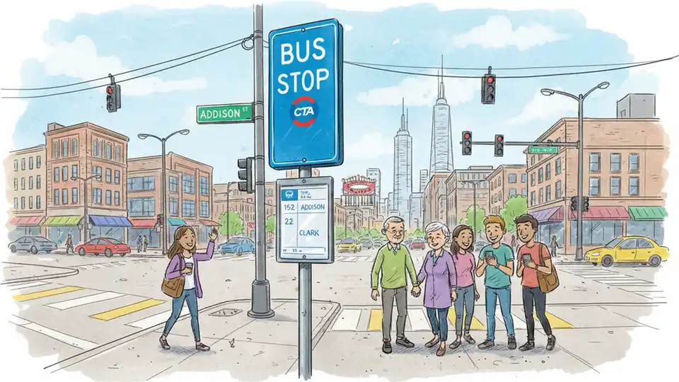 CTA bus stop sign at urban Chicago intersection with Addison street visible