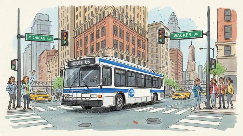 Chicago Transit Authority bus making a turn at a city intersection with street signs visible