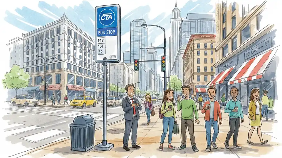 CTA bus stop sign at downtown intersection with passengers waiting to board