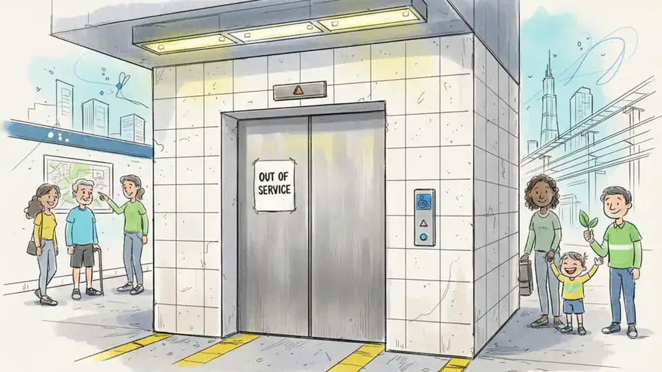 Elevator entrance at Chicago CTA subway station with out of service sign posted on doors