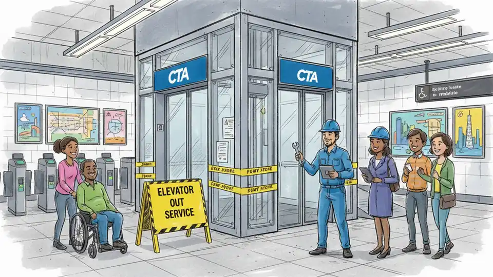 CTA elevator maintenance with out-of-service signage at Chicago rail station, showing accessibility equipment and station environment