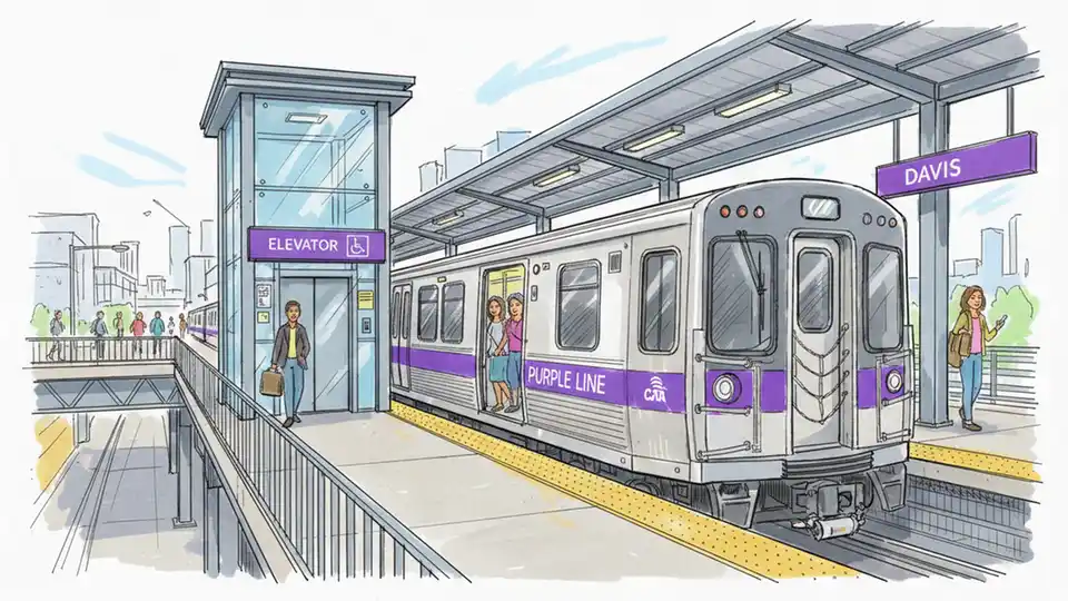 CTA Purple Line train at Davis station platform with elevator entrance visible in background