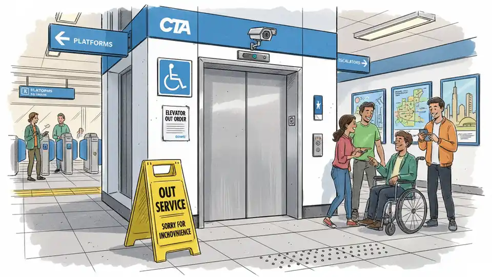 CTA elevator with out-of-service sign at rail station showing accessibility equipment