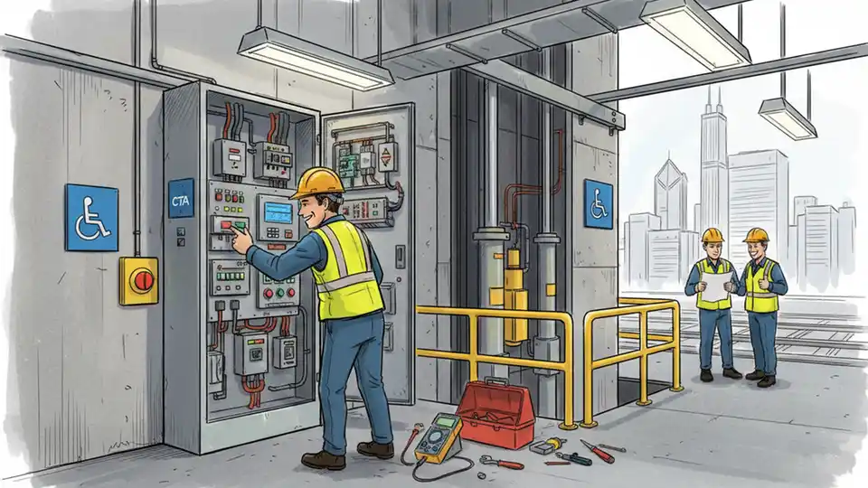 CTA elevator maintenance with technician inspecting elevator equipment and control panel at Chicago rail station, showing repair work and accessibility infrastructure