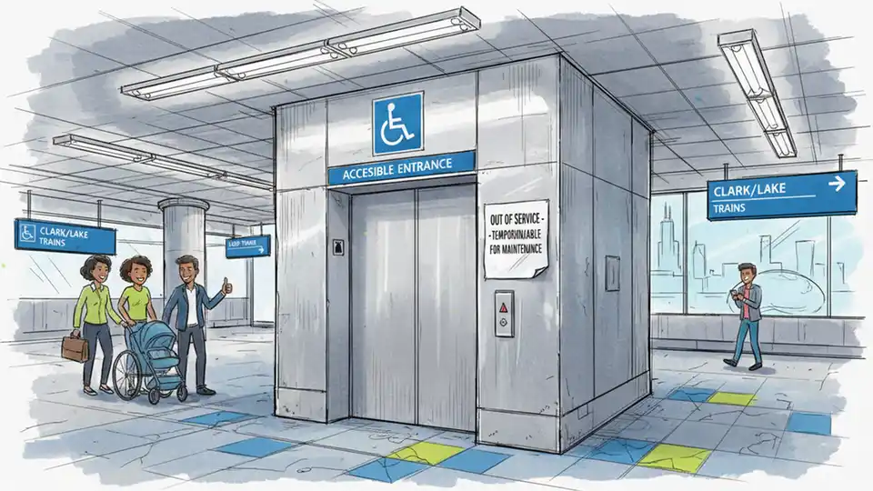 CTA elevator entrance at rail station with out-of-service notice posted, showing accessibility symbol and station signage