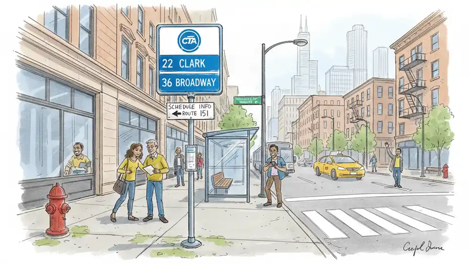 Chicago bus stop sign with route information and city street view