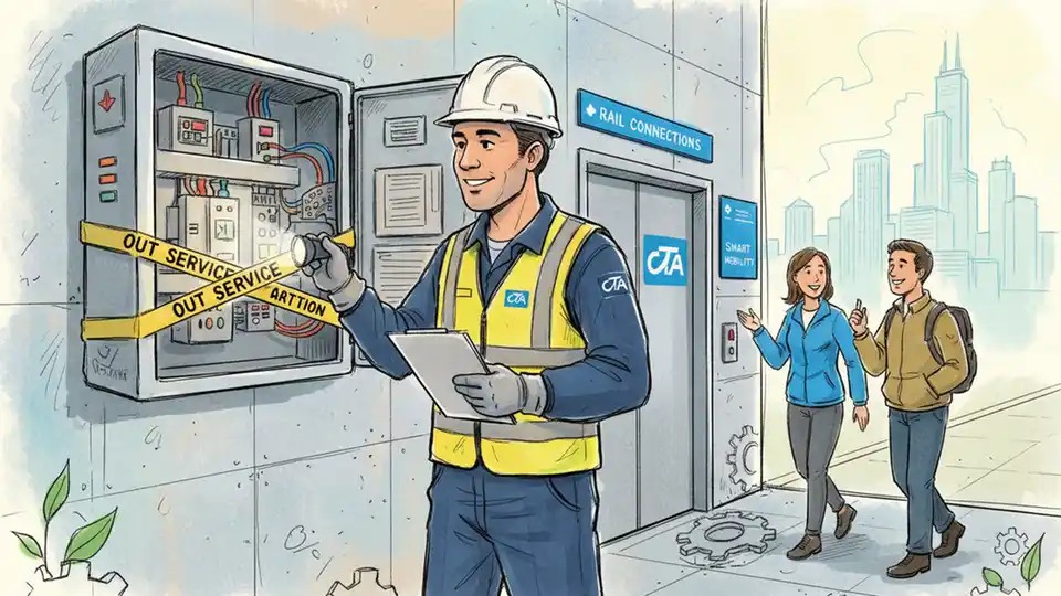 CTA maintenance worker inspecting elevator equipment at rail station, showing technical assessment work in progress