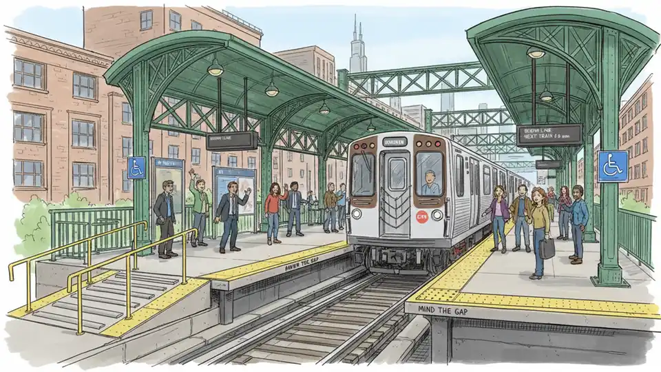 CTA Brown Line train approaching elevated station platform with passengers waiting and accessibility features visible