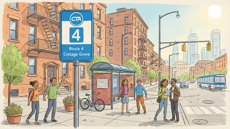 Chicago bus stop sign showing Route 4 Cottage Grove with street intersection in urban neighborhood setting