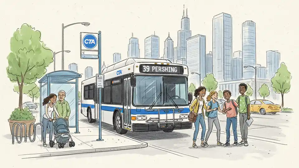 CTA bus at stop with route number 39 displayed on front destination sign