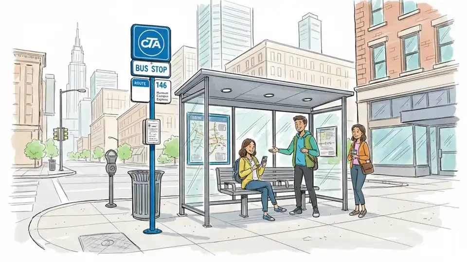 CTA bus stop sign and shelter at Chicago street corner with passengers waiting