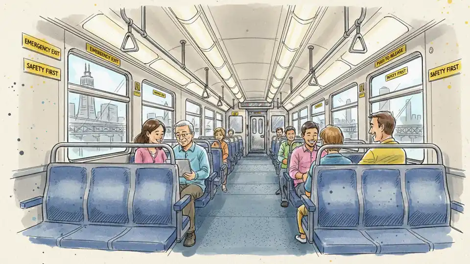 Interior of Illinois commuter train with safety signage visible