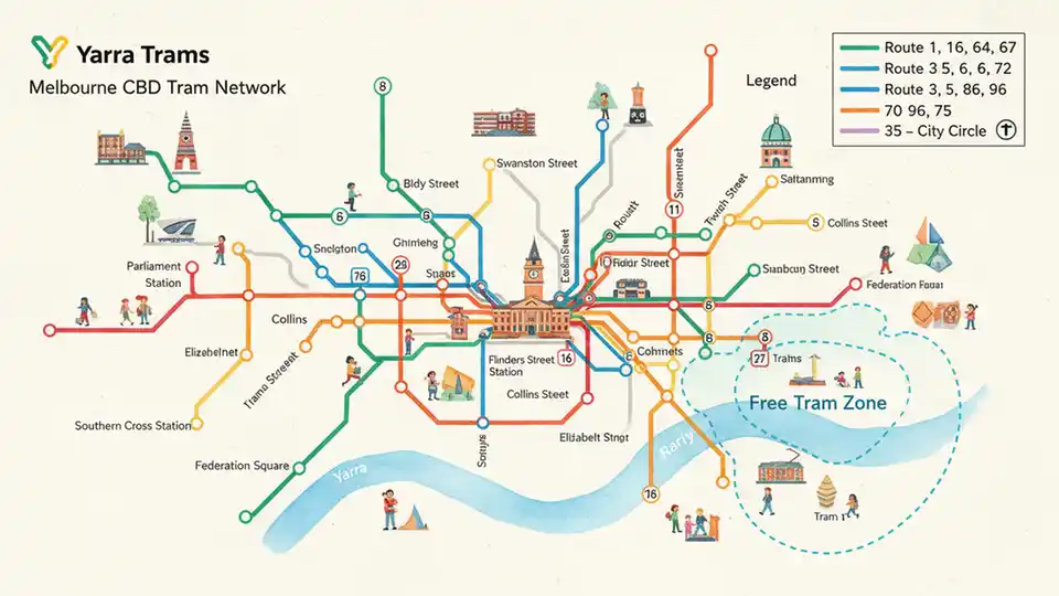 Yarra Trams route map showing Melbourne CBD with multiple tram lines