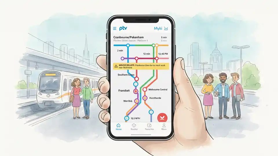 Smartphone displaying transit app interface with train schedule and service alerts