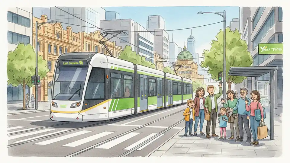 Melbourne Yarra Trams E-Class tram on city street with passengers waiting at stop during daytime