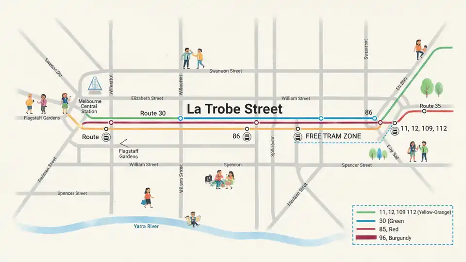 Melbourne tram route map showing La Trobe Street corridor with multiple tram lines and city stops