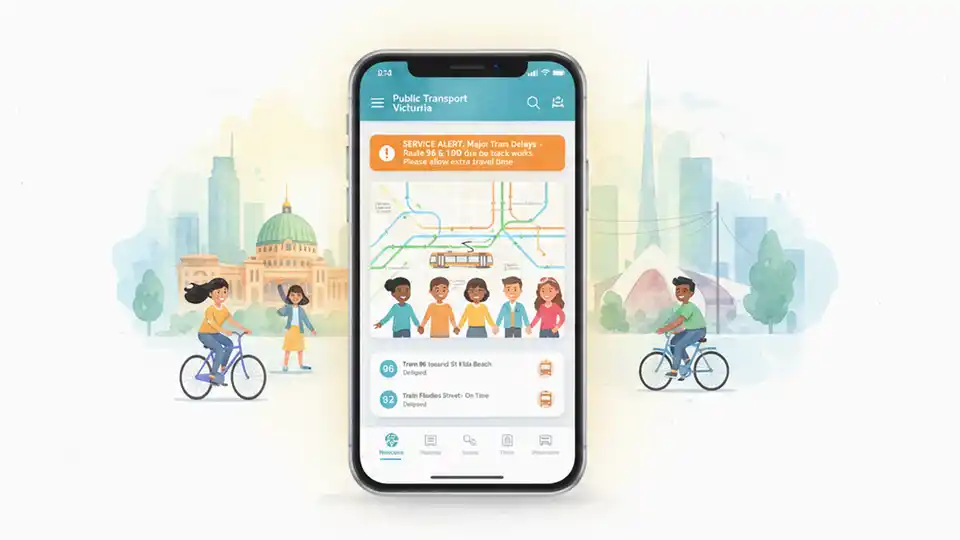 Close-up of smartphone displaying transit app with service alert notification
