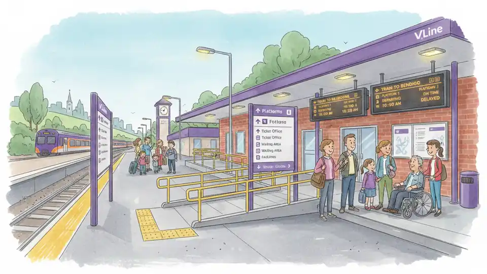 V/Line station entrance showing accessibility ramp, wayfinding signage, and passenger information displays at a regional Victoria station