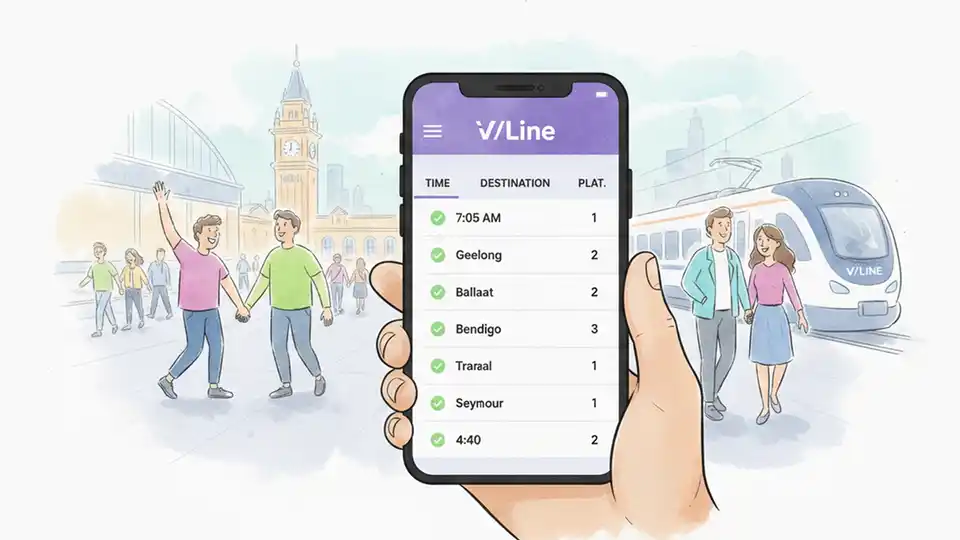 Close-up of smartphone displaying V/Line mobile app interface showing train departure times and platform numbers