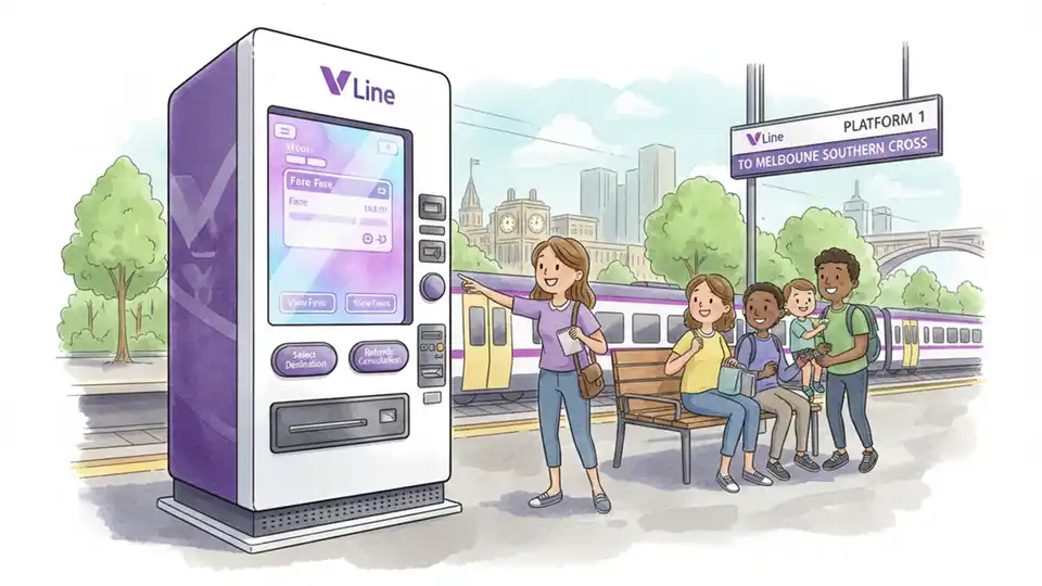V/Line ticket vending machine at station showing fare information and refund options