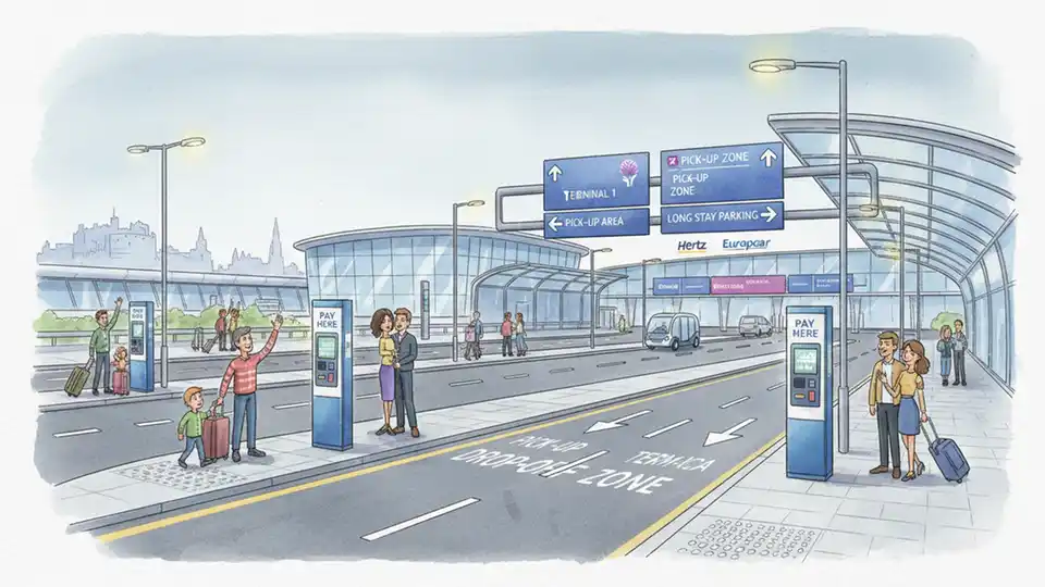 Edinburgh Airport drop-off zone with fee payment machines and directional signage for passenger pick-up area