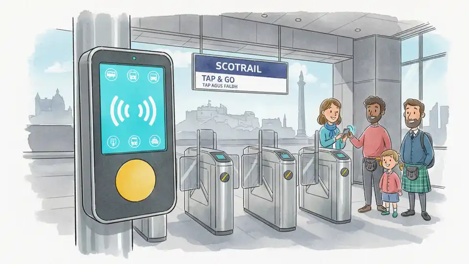Modern contactless payment card reader at Scottish train station entrance with multiple transport mode icons