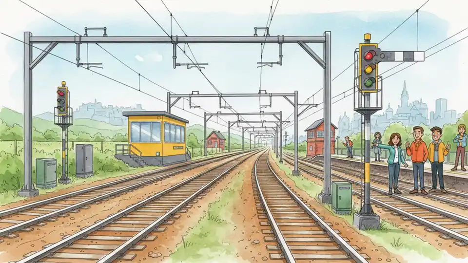 Railway signalling equipment and track infrastructure at Scottish rail junction, showing signal boxes and overhead equipment typical of ScotRail network