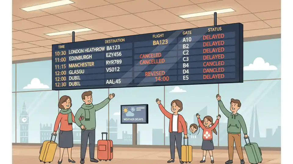 UK airport departure board showing multiple delayed and cancelled flights due to weather conditions