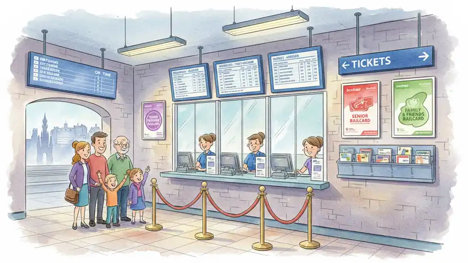 Scottish railway ticket office with fare information displays and railcard promotional materials