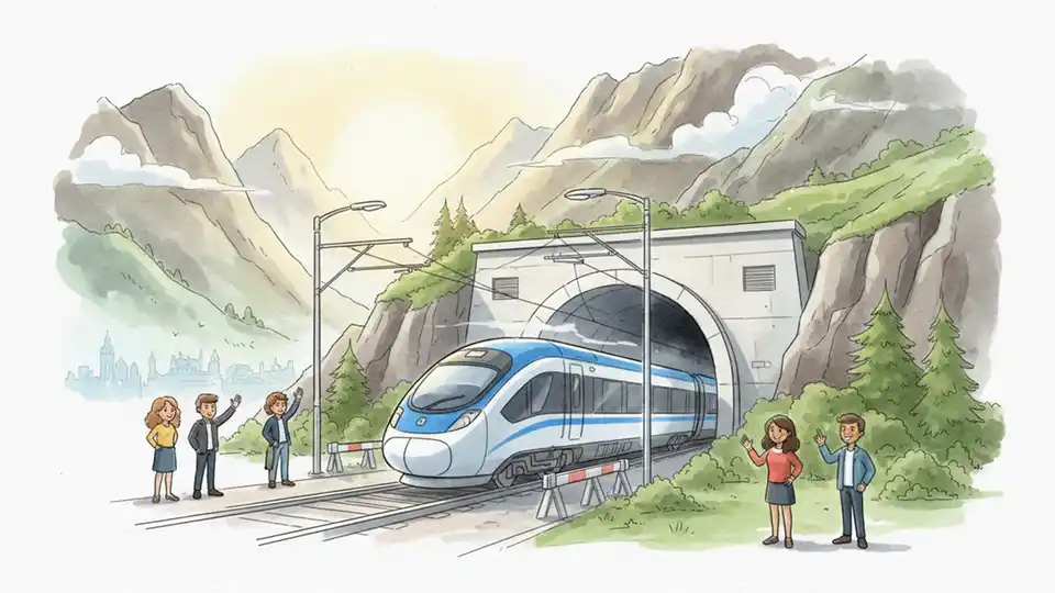 Alpine mountain railway tunnel entrance with modern high-speed train