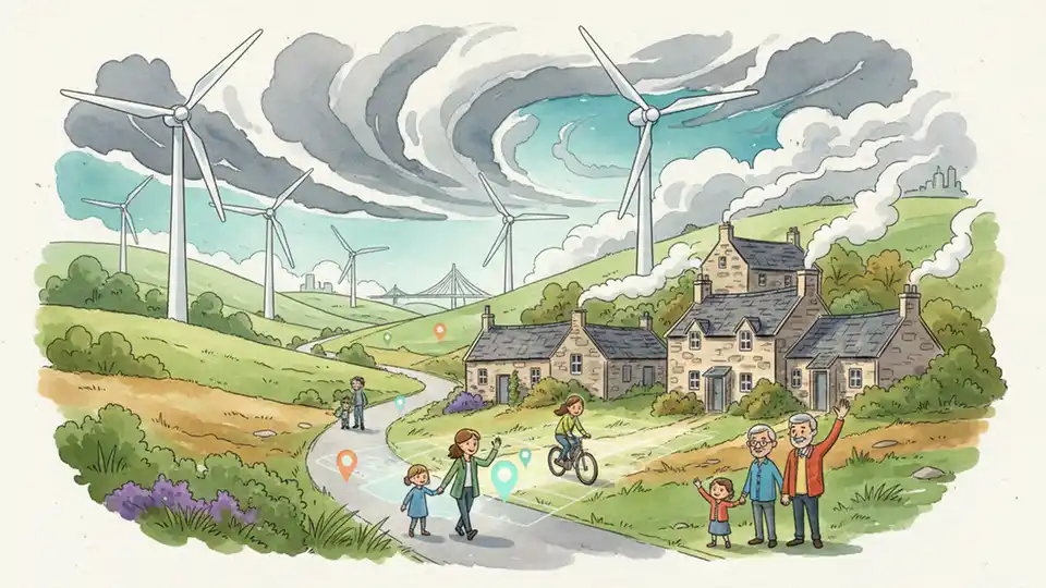 Wind turbines on Scottish hillside with traditional stone buildings in mid-ground, representing renewable energy transition in Scotland