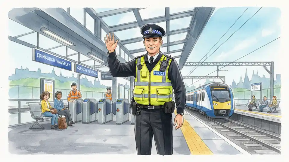 British Transport Police officer standing at a railway platform entrance with transit workers visible in background