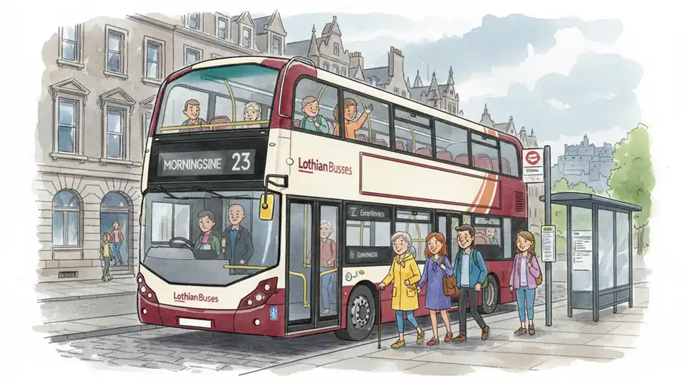 Edinburgh Lothian Buses vehicle at city center stop showing publicly owned transit service