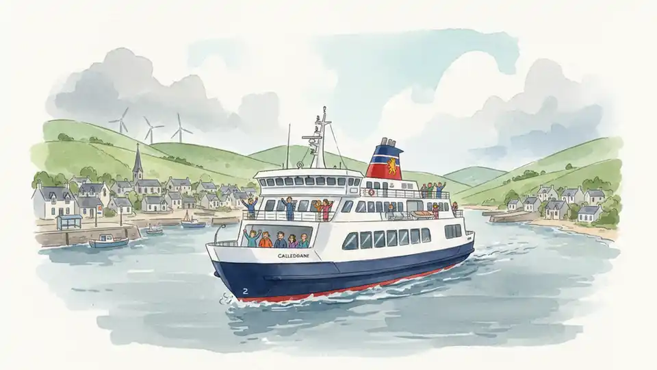 Ferry boat approaching Scottish island port with passengers on deck and coastal village visible